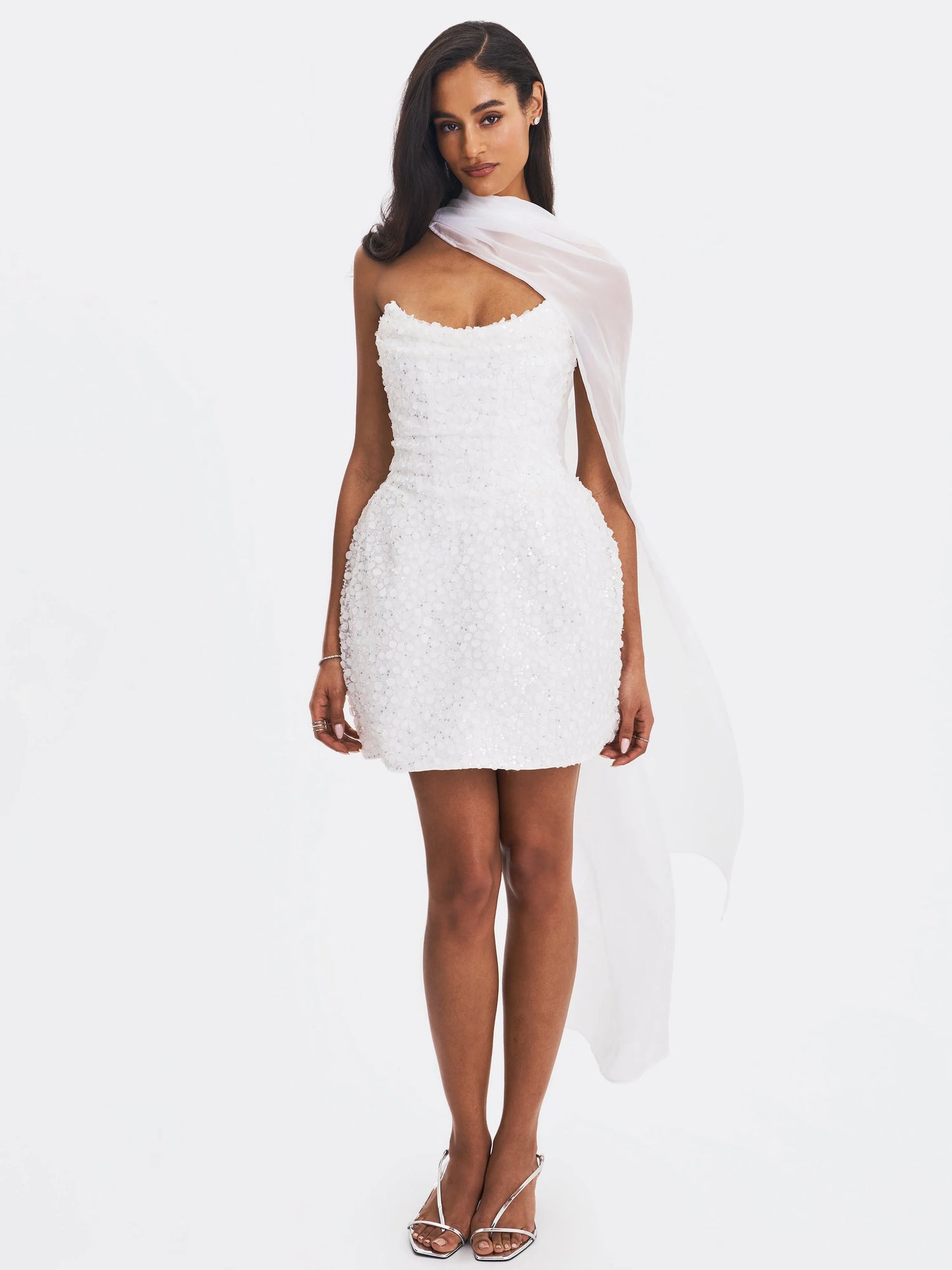 Tressa White Beaded Mesh Strapless Mini Wedding Dress - Miss Circle - Flyclothing LLC