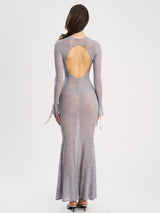 Waylynn Gray Animal Print Burnout Velvet Detail Mesh Backless Maxi Dress