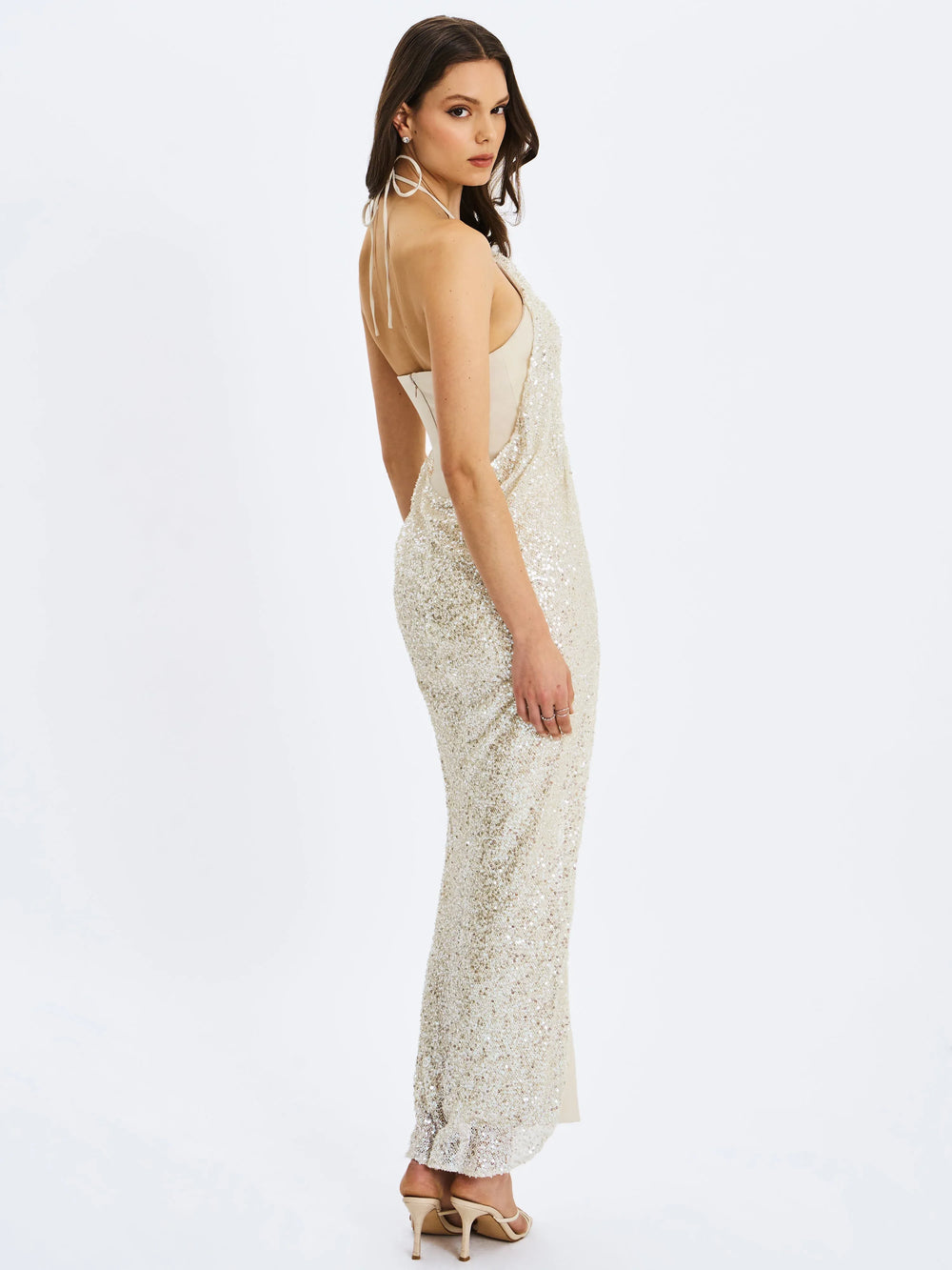 Quimera Almond Beaded Cape Halter Off-Shoulder Maxi Gown - Miss Circle - Flyclothing LLC