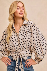 BiBi Polka Dot Print Tie Hem Detail Crop Shirt - Trendsi - Flyclothing LLC