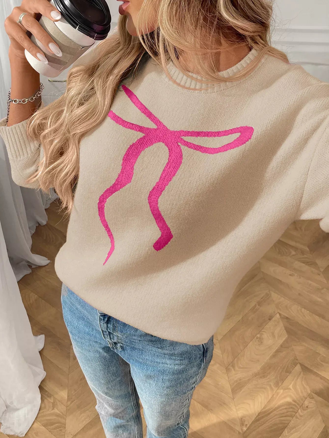 Bow Round Neck Long Sleeve Sweater - Trendsi - Flyclothing LLC