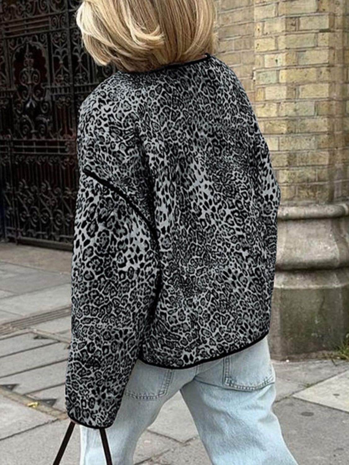 Perfee Leopard Open Front Long Sleeve Jacket - Trendsi - Flyclothing LLC