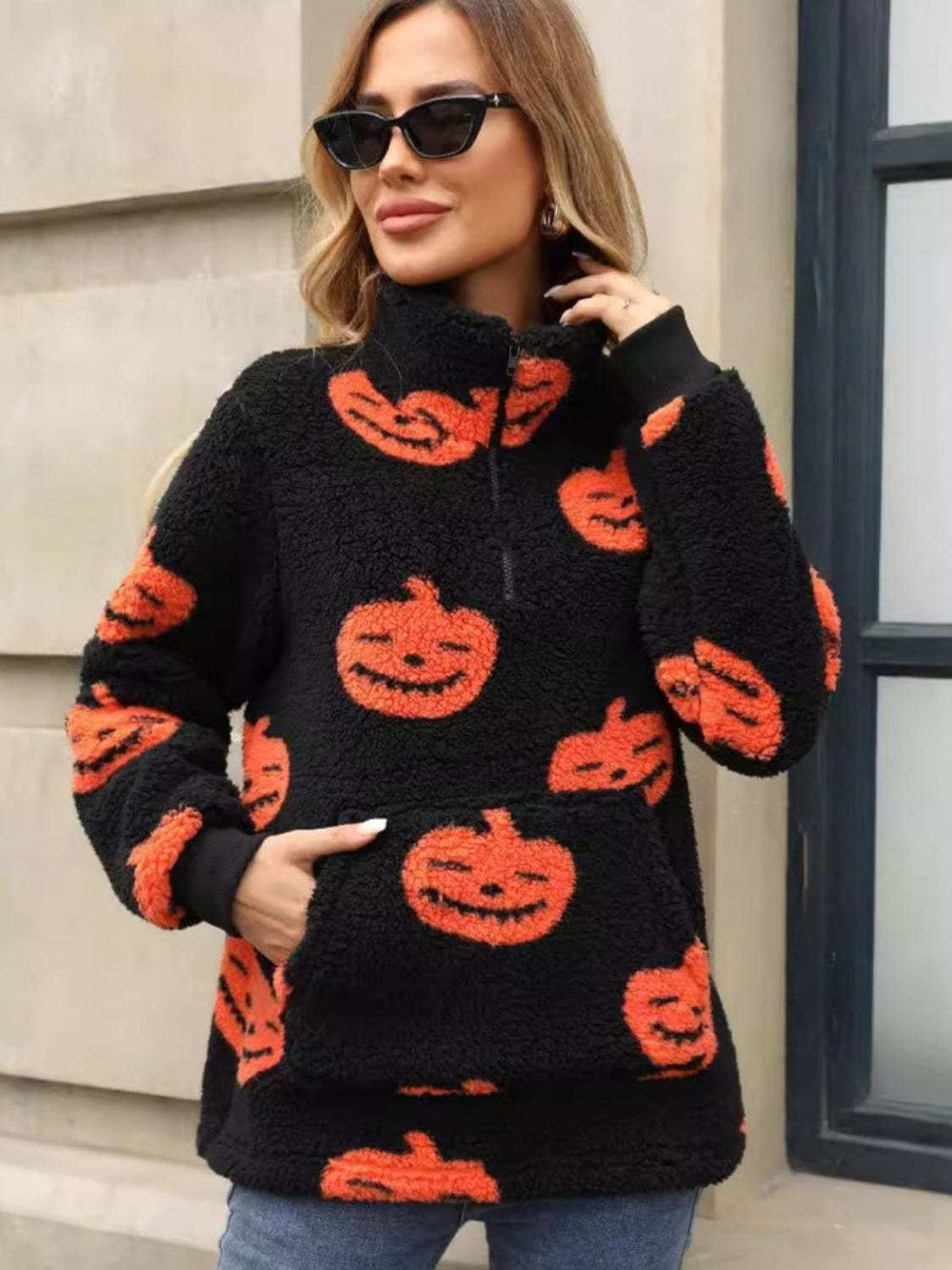 Jack-O'-Lantern Half Zip Long Sleeve Sweatshirt - Trendsi - Flyclothing LLC