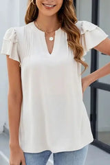 Ruffled Notched Short Sleeve Blouse - Trendsi - Flyclothing LLC