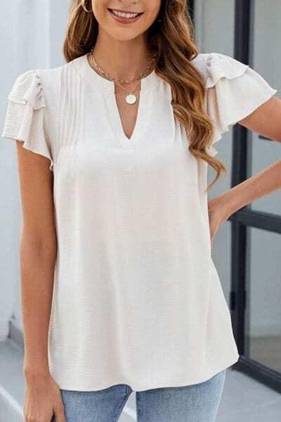 Ruffled Notched Short Sleeve Blouse - Trendsi - Flyclothing LLC