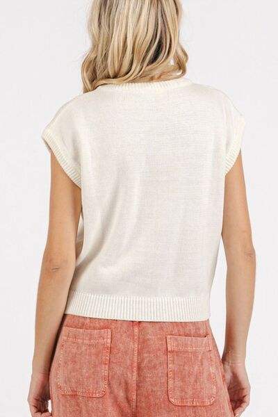 Mittoshop Contrast Letter Round Neck Cap Sleeve Knit Top - Trendsi - Flyclothing LLC