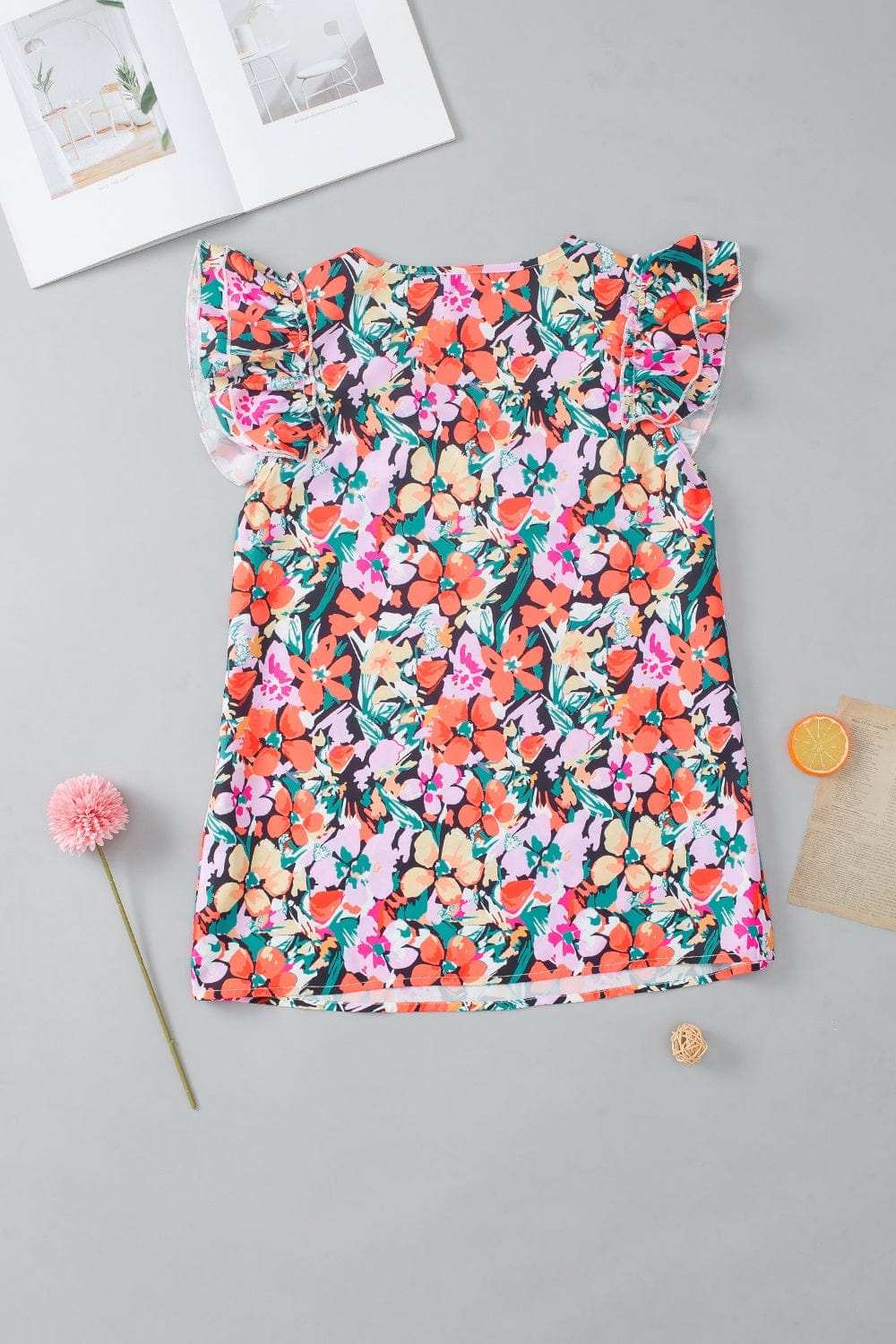 Ruffled Printed V-Neck Cap Sleeve Blouse - Trendsi - Flyclothing LLC