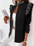Pearl Embellished Shoulder Zip Up Jacket - Trendsi - Flyclothing LLC