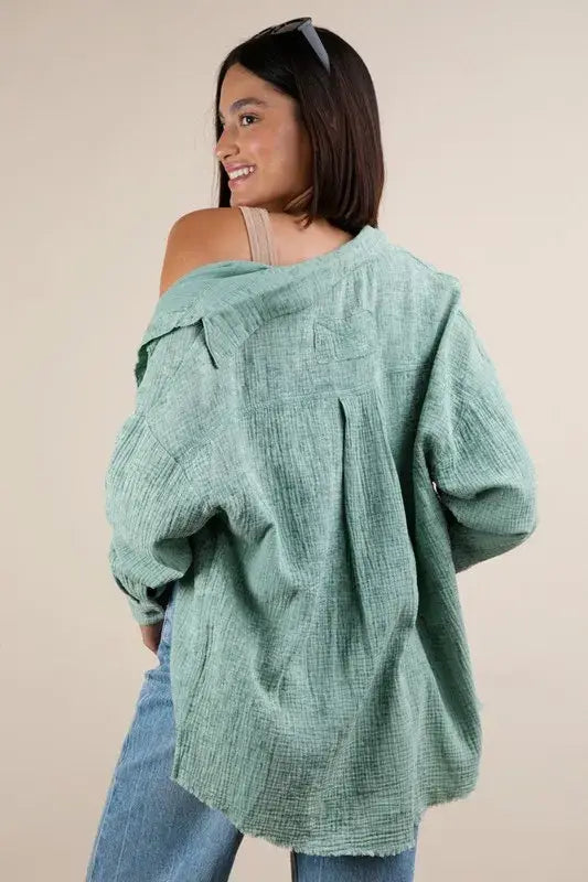 VERY J Mineral Washed Gauze Button Down Shirt - Trendsi - Flyclothing LLC