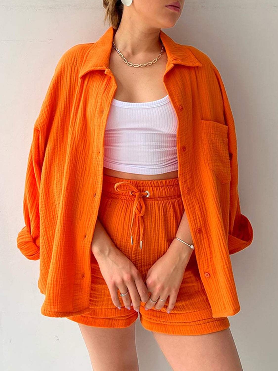 Texture Button Up Shirt and Drawstring Shorts Set - Trendsi - Flyclothing LLC