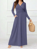 Pocketed Surplice Long Sleeve Maxi Dress - Trendsi - Flyclothing LLC