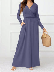 Pocketed Surplice Long Sleeve Maxi Dress - Trendsi
