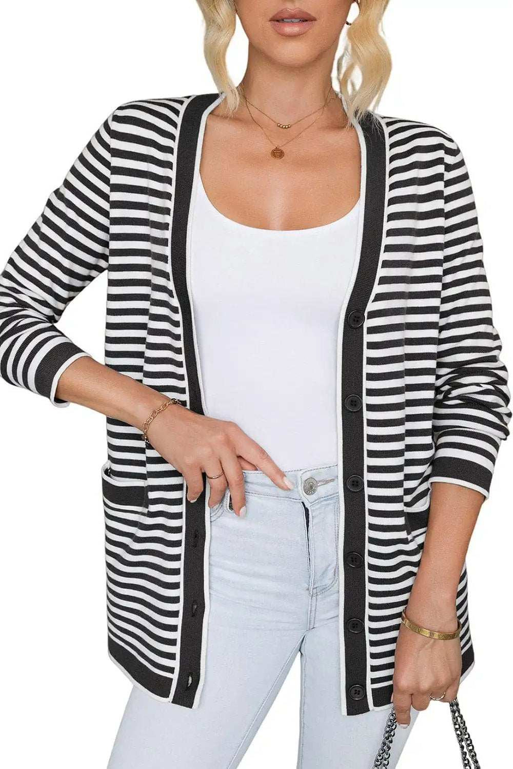 Striped Open Front Long Sleeve Cardigan - Trendsi - Flyclothing LLC