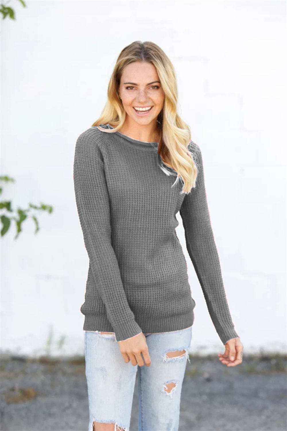 Round Neck Raglan Sleeve Sweater - Trendsi - Flyclothing LLC