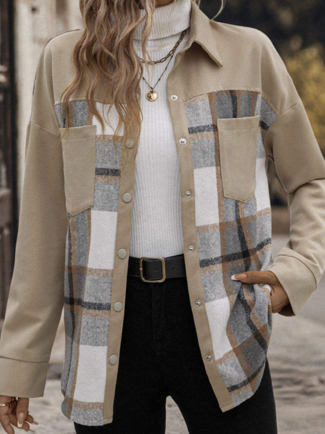 Perfee Plaid Snap Down Long Sleeve Shacket - Trendsi - Flyclothing LLC