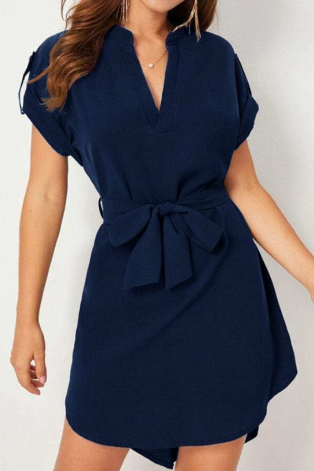 Tied Notched Short Sleeve Dress - Trendsi - Flyclothing LLC