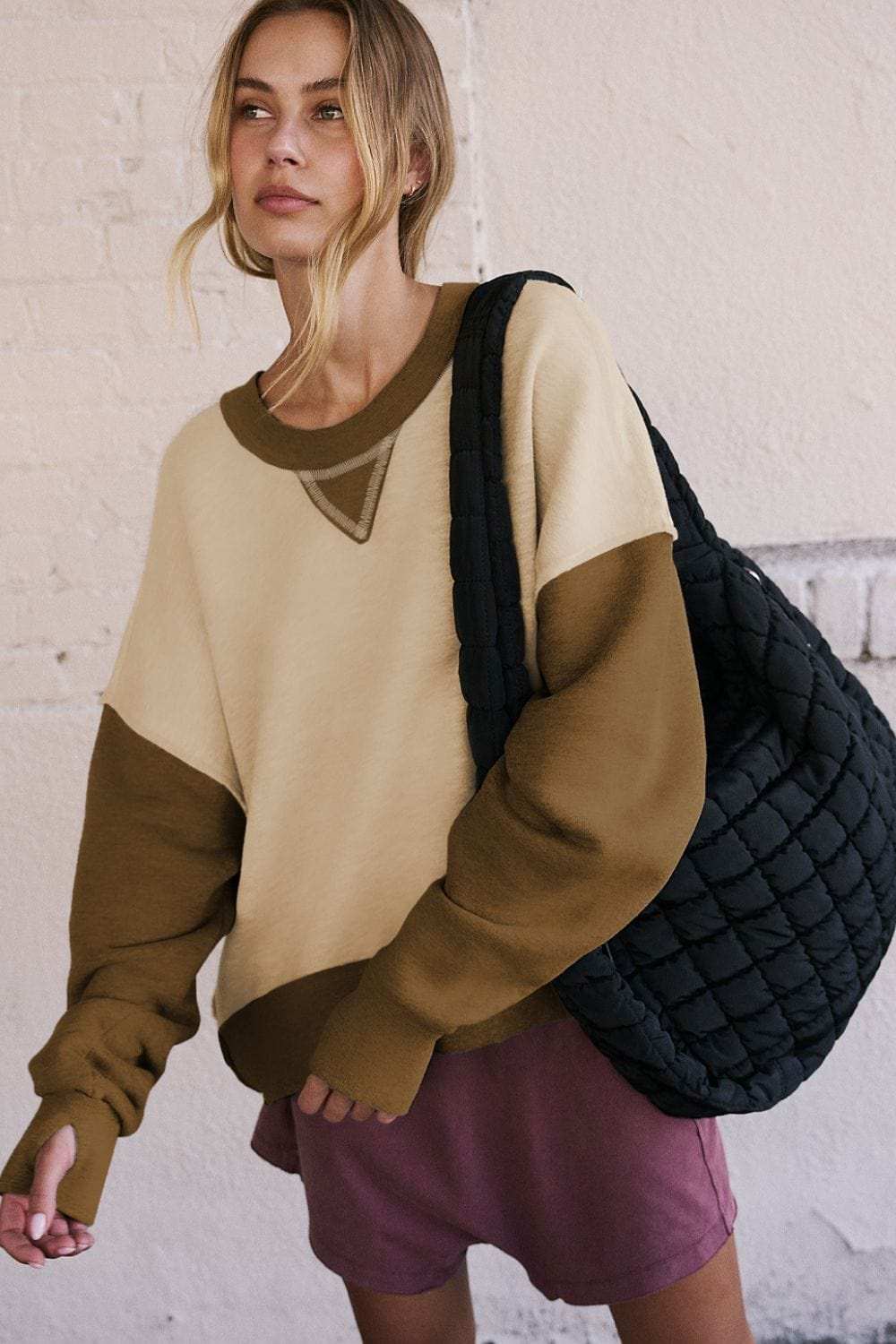 Color Block Round Neck Long Sleeve Sweatshirt - Trendsi - Flyclothing LLC