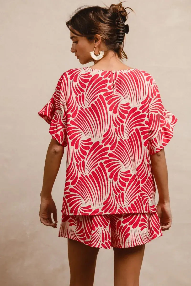 BiBi Print Woven Ruffled Sleeves Top - Trendsi - Flyclothing LLC