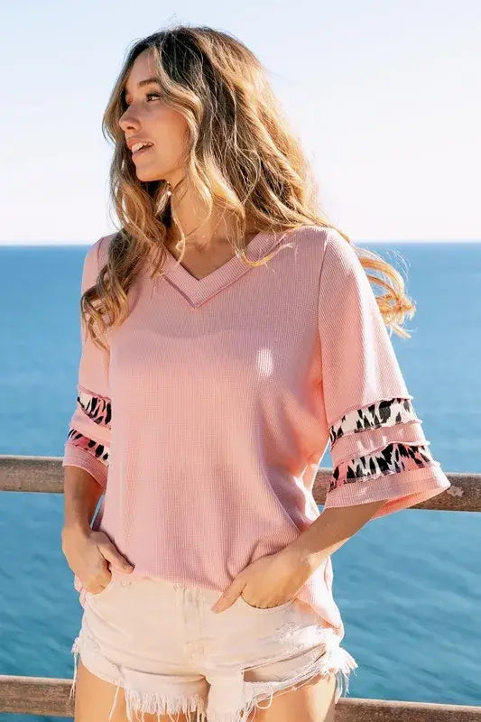 BiBi Leopard Print Contrast Tiered Sleeves Thermal Top - Trendsi - Flyclothing LLC