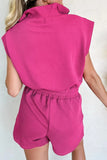 Textured Short Sleeve Half Zip Drawstring Waist Romper - Trendsi