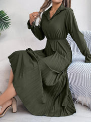 Pleated Half Button Long Sleeve Midi Dress - Trendsi