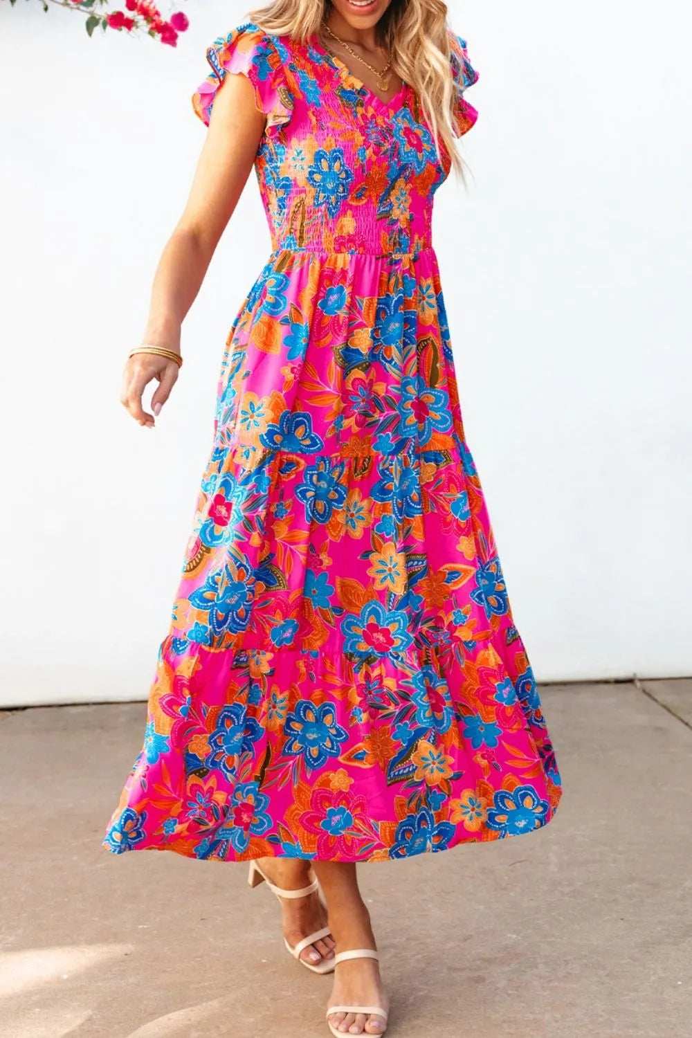 Boho Floral V Neck Ruffle Tiered Dress - Trendsi - Flyclothing LLC