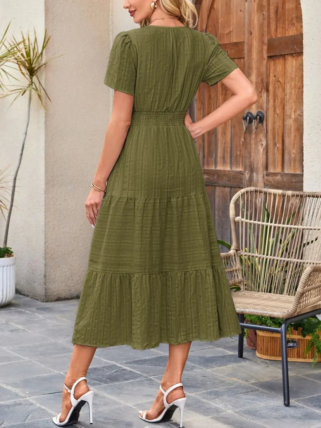 Tiered Notched Short Sleeve Dress - Trendsi - Flyclothing LLC