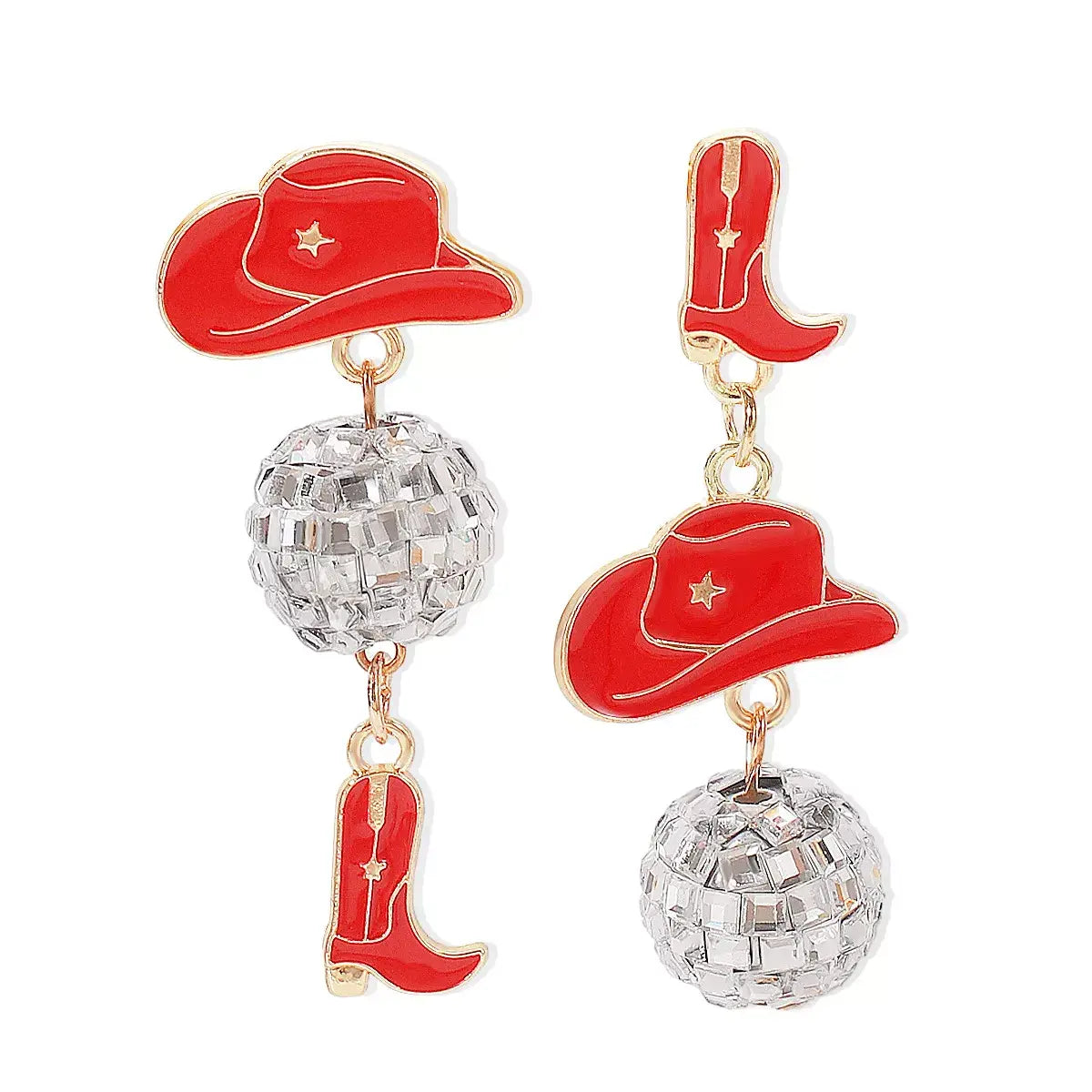 Asymmetrical Cowgirl Boot Hat Ball Dangle Earrings - Trendsi - Flyclothing LLC