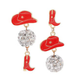 Asymmetrical Cowgirl Boot Hat Ball Dangle Earrings - Trendsi - Flyclothing LLC