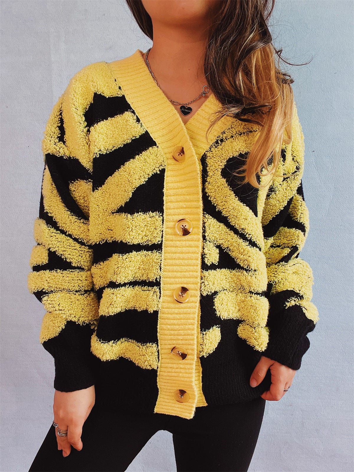 Contrast Button Up Long Sleeve Cardigan - Trendsi