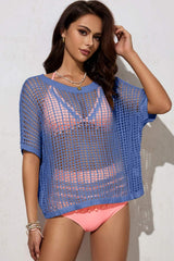 Openwork Round Neck Half Sleeve Knit Cover Up - Trendsi - Flyclothing LLC