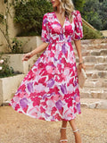 Smocked Printed V-Neck Half Sleeve Midi Dress - Trendsi - Flyclothing LLC