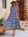 Wavy Striped Round Neck Short Sleeve Dress - Trendsi - Flyclothing LLC
