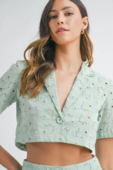 MABLE Eyelet Short Sleeve Crop Top and Shorts Set - Trendsi - Flyclothing LLC