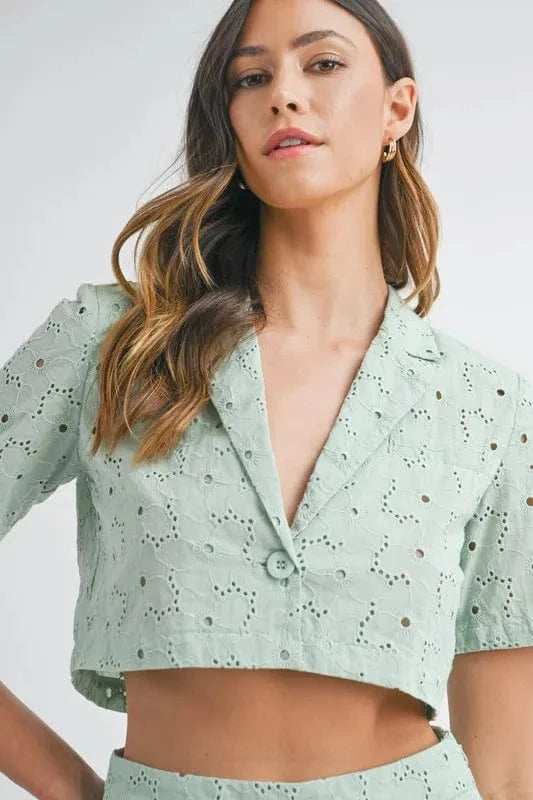MABLE Eyelet Short Sleeve Crop Top and Shorts Set - Trendsi - Flyclothing LLC