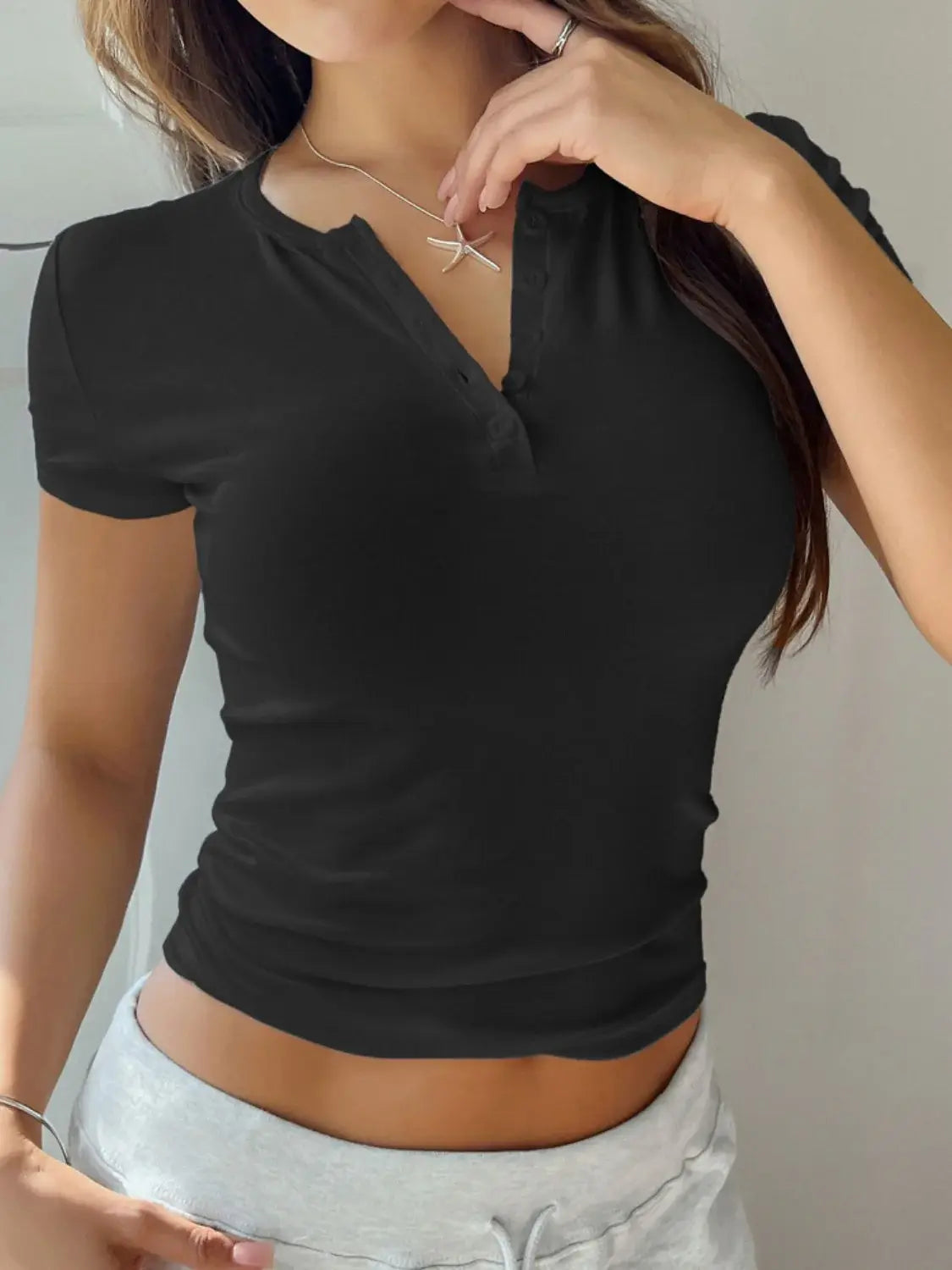 Devine Button Detail Short Sleeve T-Shirt - Trendsi - Flyclothing LLC