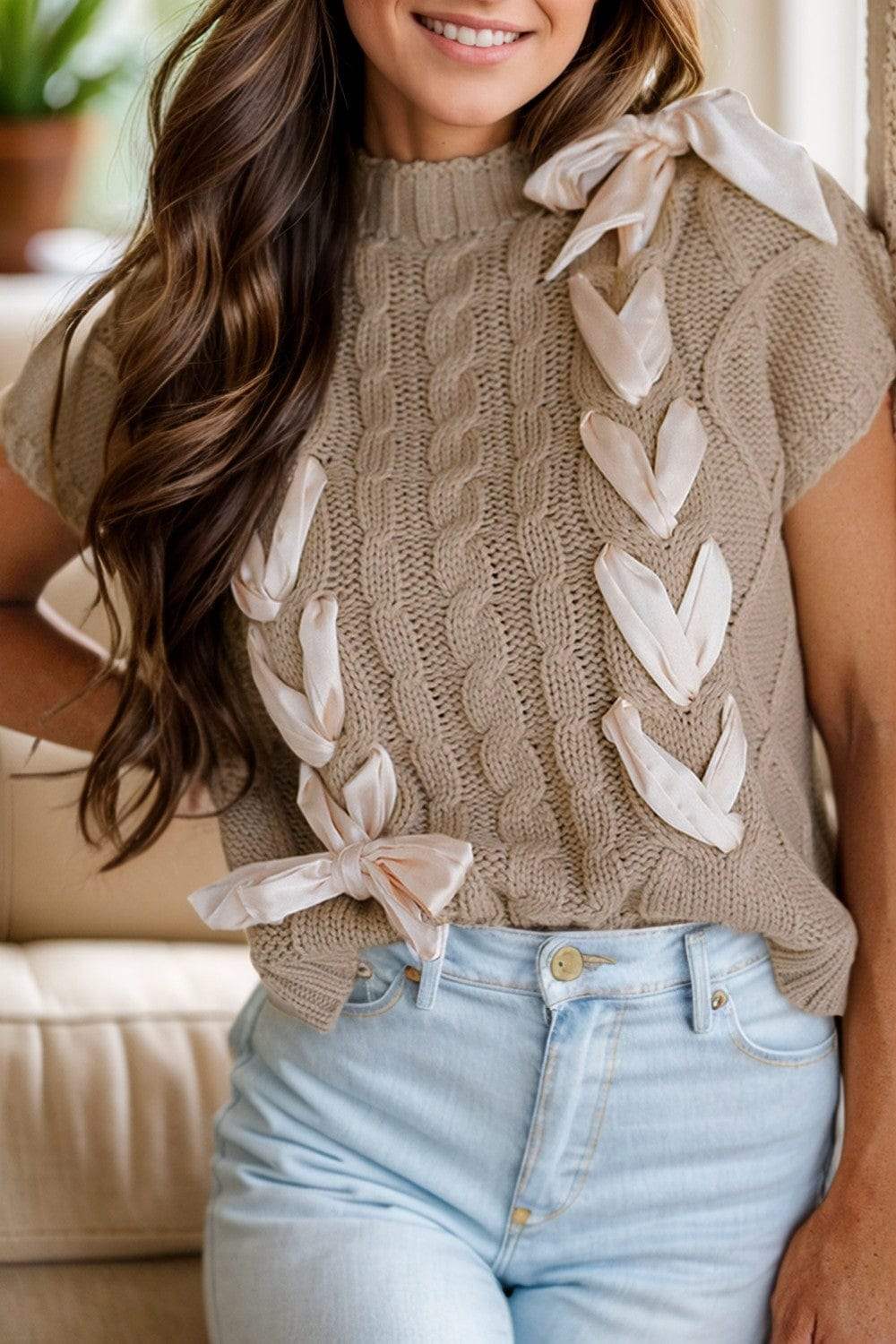 Cable-Knit Tied Mock Neck Short Sleeve Sweater - Trendsi - Flyclothing LLC