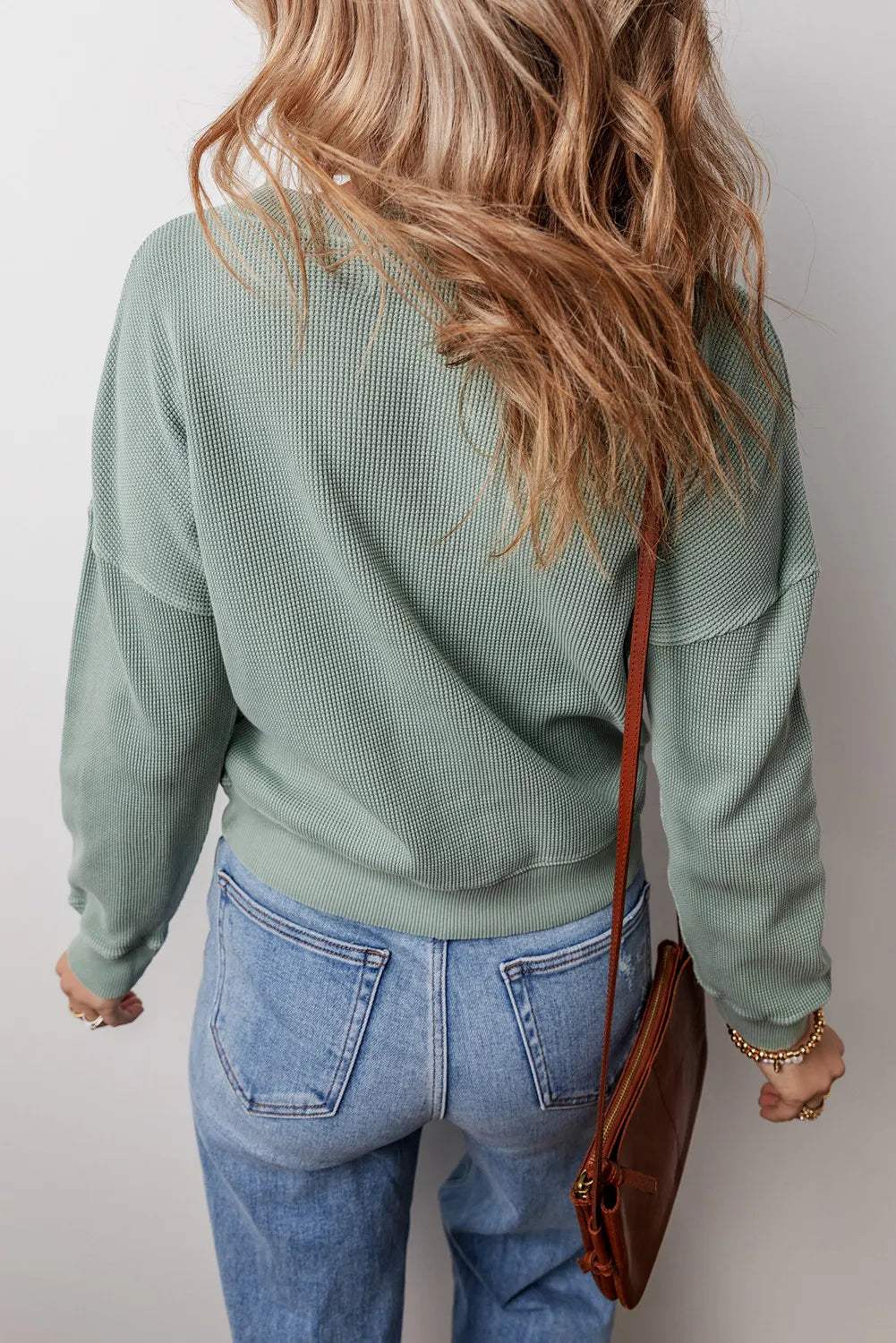 Waffle-Knit Long Sleeve Dropped Shoulder Top - Trendsi - Flyclothing LLC