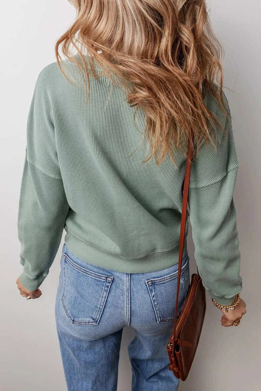 Waffle-Knit Long Sleeve Dropped Shoulder Top - Trendsi - Flyclothing LLC