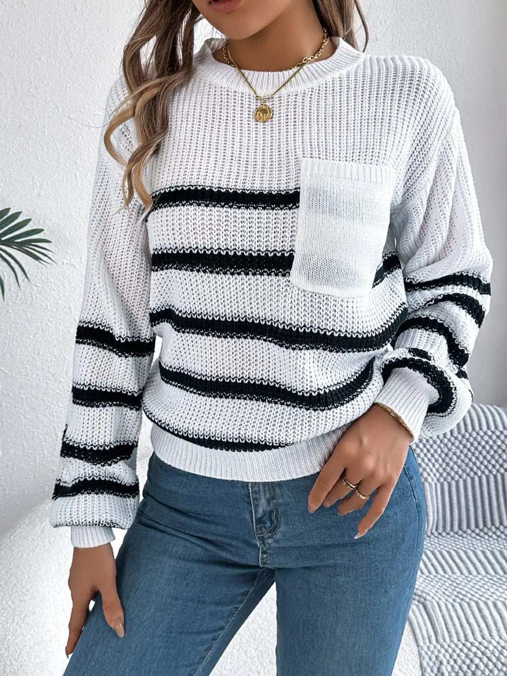Striped Round Neck Long Sleeve Sweater - Trendsi - Flyclothing LLC
