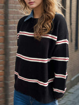 Contrast Stripes Round Neck Long Sleeve Sweater - Trendsi - Flyclothing LLC