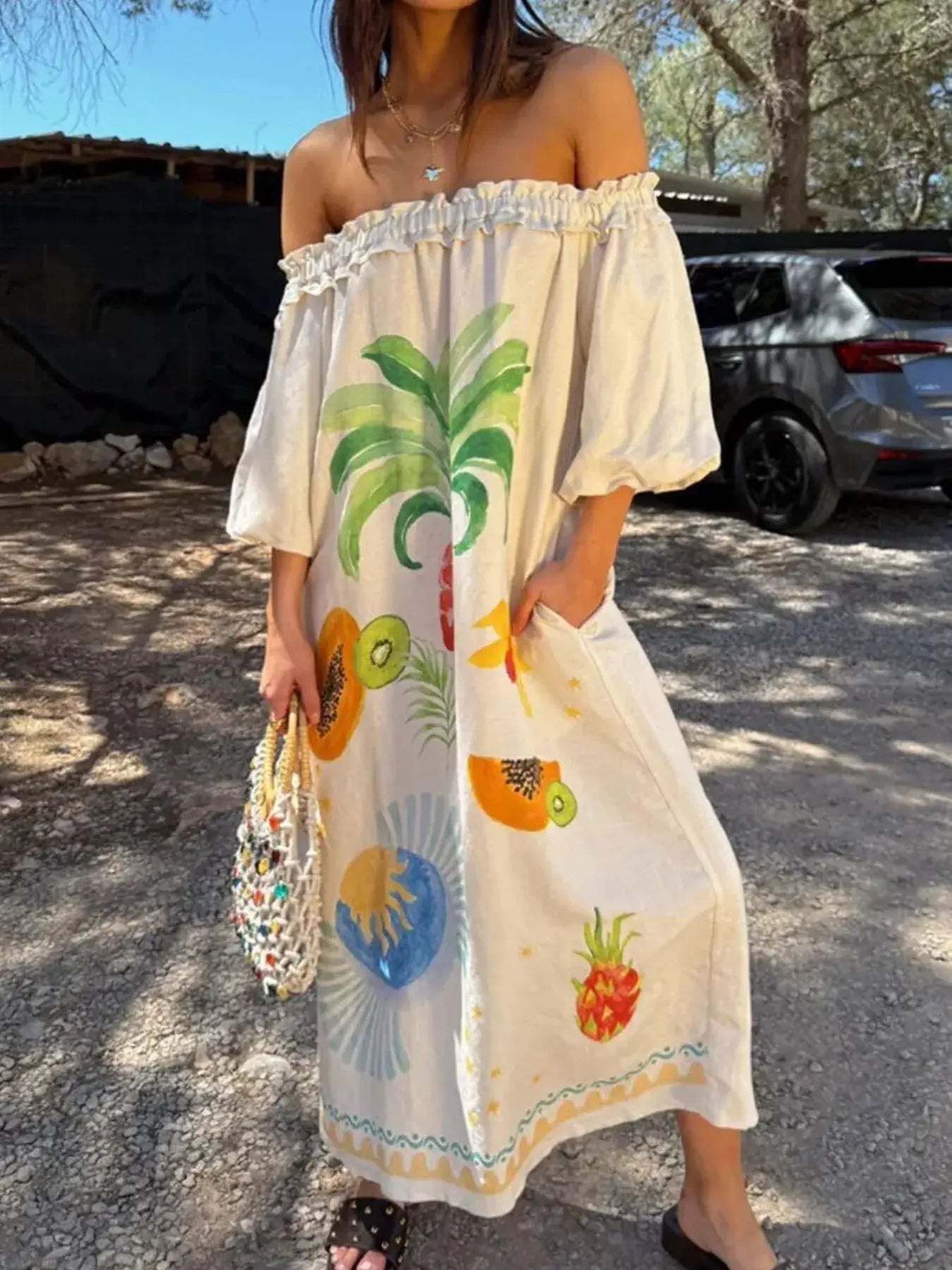 Frill Printed Off-Shoulder Dress - Trendsi - Flyclothing LLC