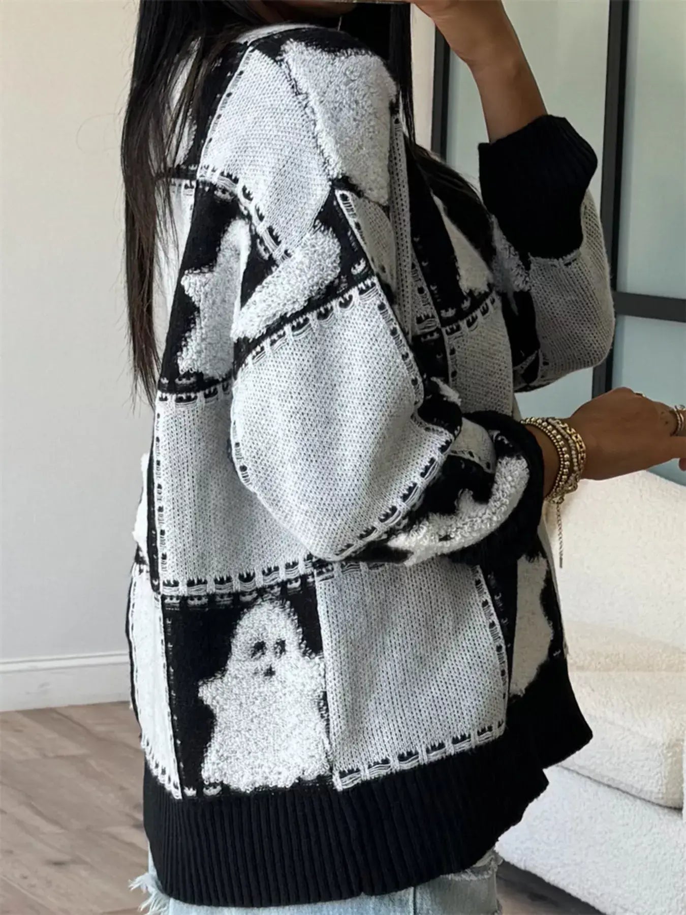 Halloween Ghost Checkered Drop Shoulder Sweater - Trendsi - Flyclothing LLC