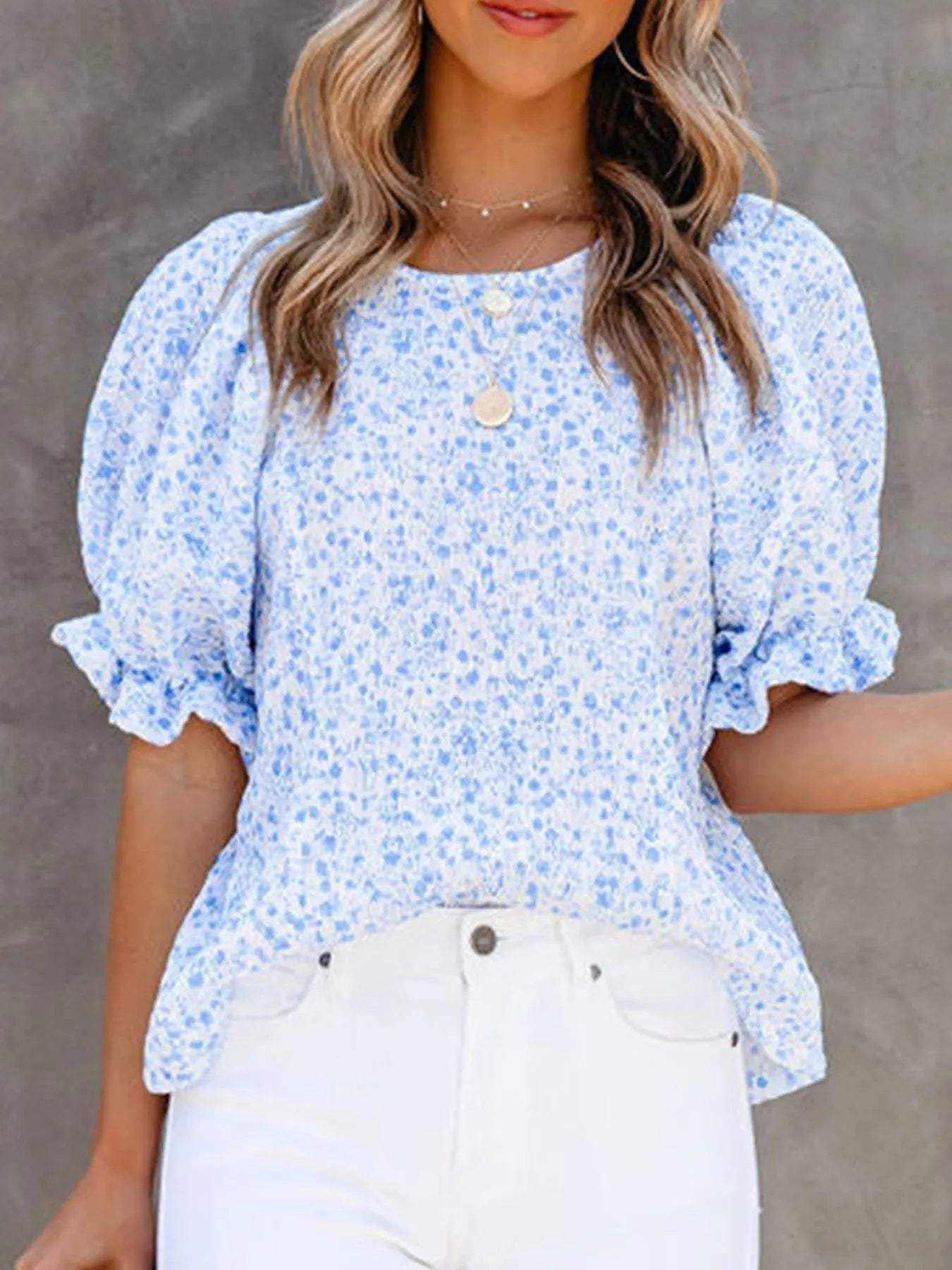 Full Size Floral Print Ruffle Sleeve Blouse Plus Size - Trendsi - Flyclothing LLC