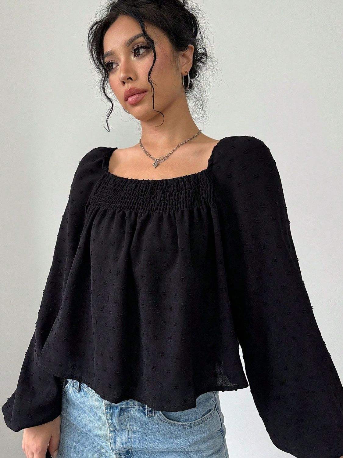 Swiss Dot Square Neck Long Sleeve Blouse - Trendsi - Flyclothing LLC