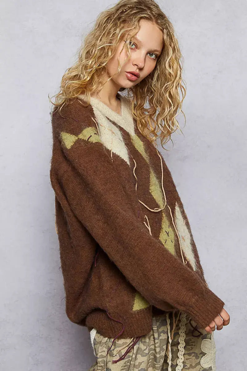 POL V-Neck Argyle Pattern Mohair Sweater with Contrast Exposed Stitch Detail - Trendsi - Flyclothing LLC