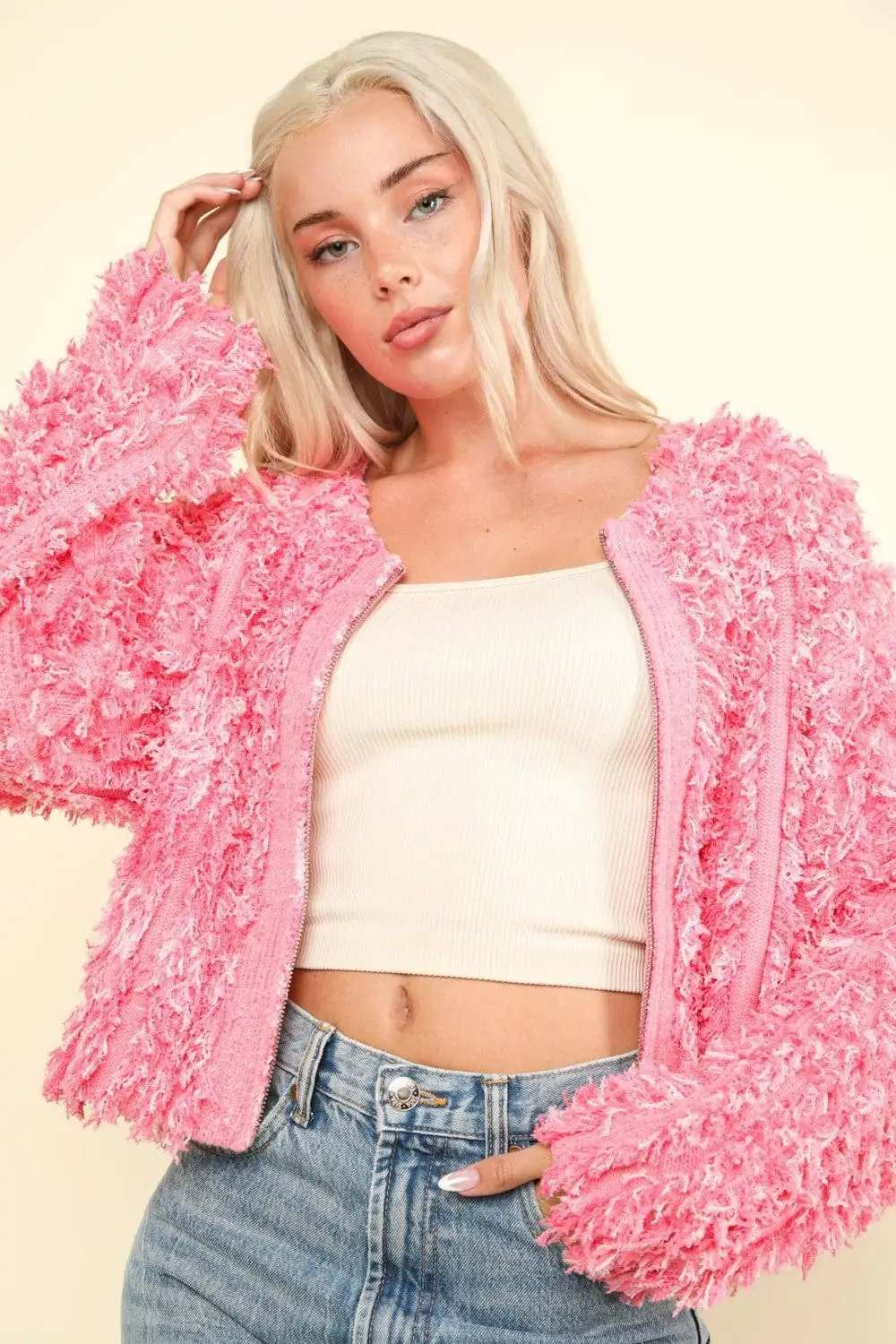 VERY J Shaggy Yarn Knit Zip Up Jacket - Trendsi - Flyclothing LLC