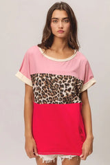 BiBi Leopard Printed Jersey Color Block Roll Up - Trendsi - Flyclothing LLC