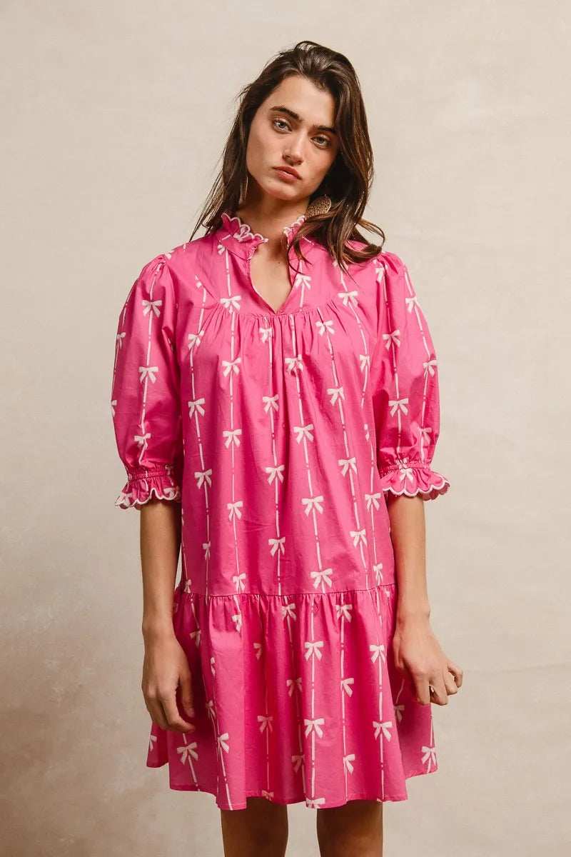 BiBi Ribbon Patterns With Scallops Edge Details Short Sleeve Dress - Trendsi - Flyclothing LLC