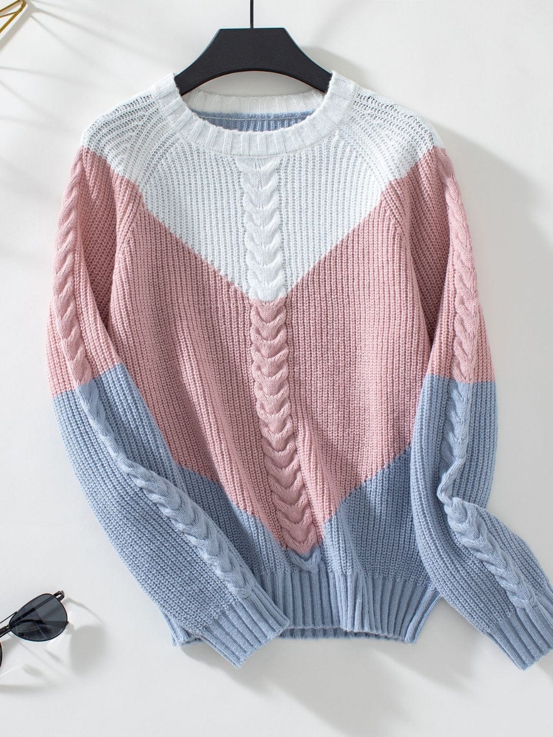 Color Block Round Neck Long Sleeve Sweater - Trendsi